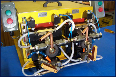 Dual output semi-automatic brazing system heats from two alternate stations. While one Station is heating the copper-to-brass joint, the other Station is being unloaded and then loaded with another part to be heated.